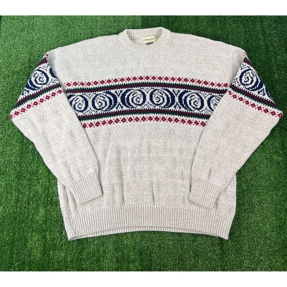 St Johns Bay Mens XL Cotton Knit Sweater Oatmeal Geometric Made in USA Vintage